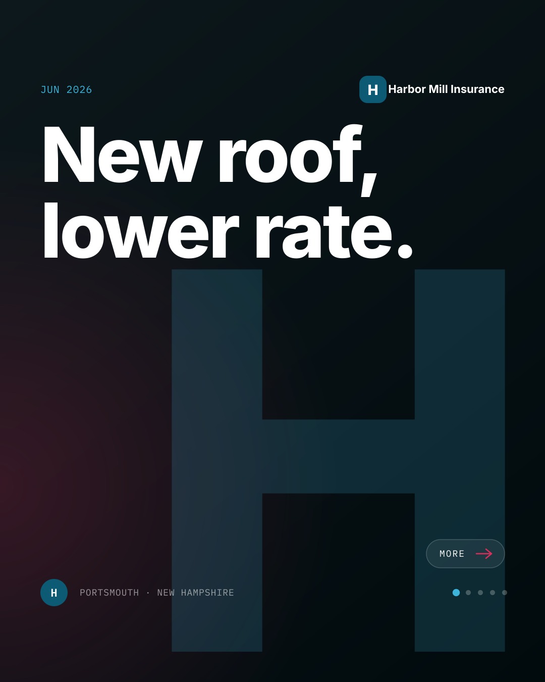 Harbor Mill Insurance sample carousel cover with the headline New roof, lower rate