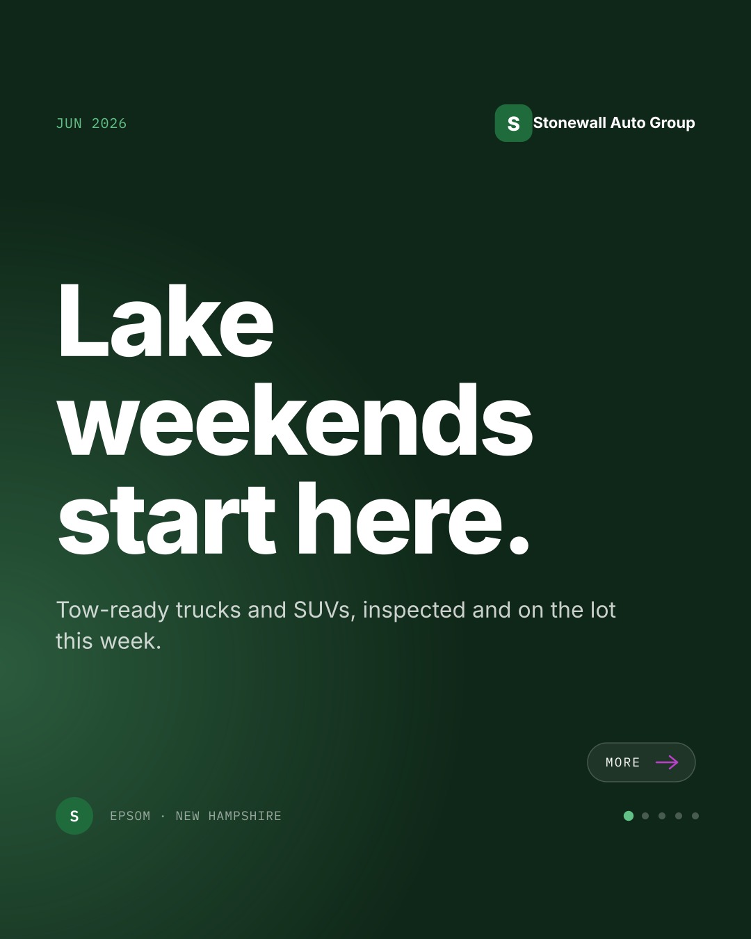 Stonewall Auto Group sample carousel cover with the headline Lake weekends start here