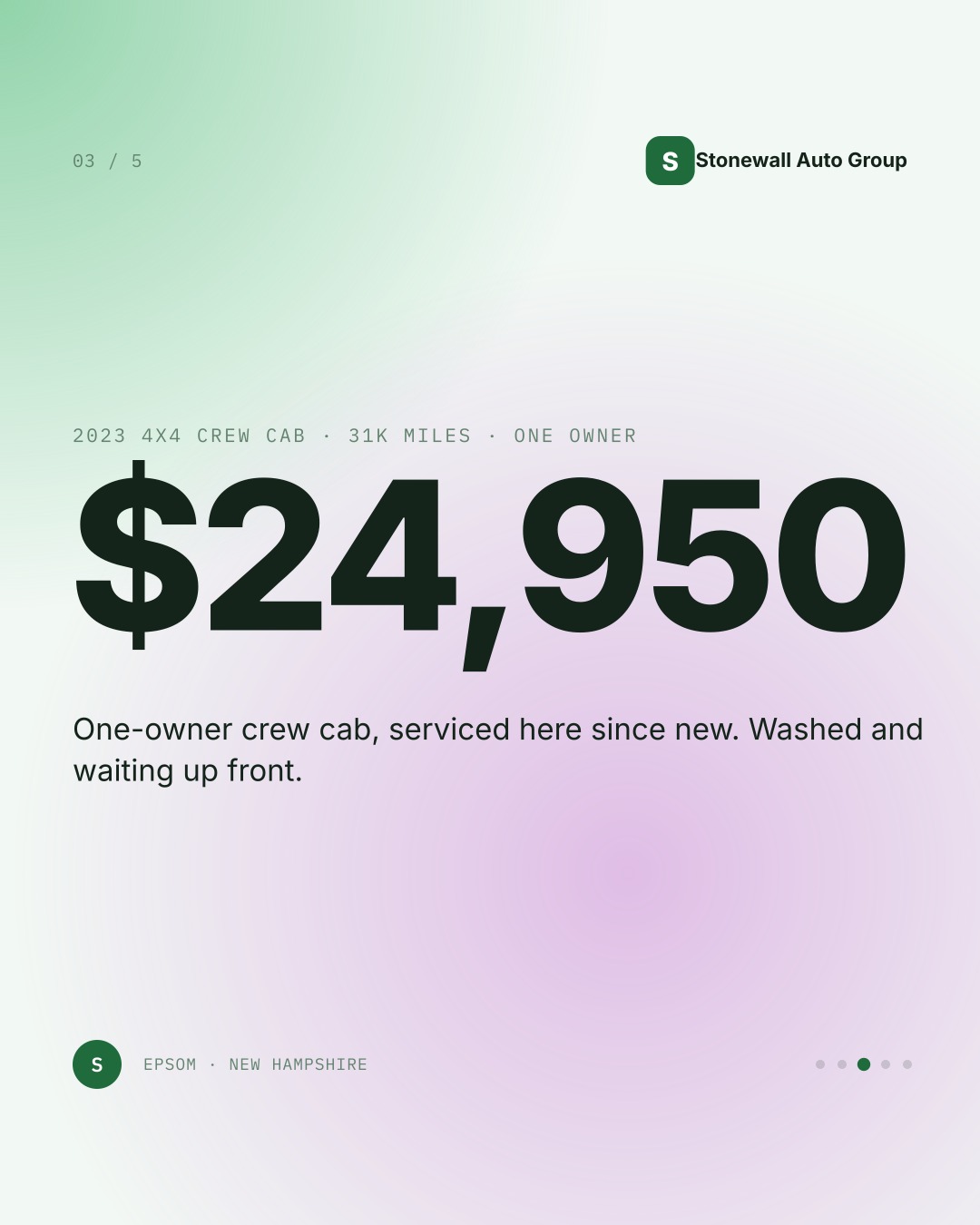Stonewall Auto Group sample price slide showing $24,950 for a 2023 4x4 crew cab