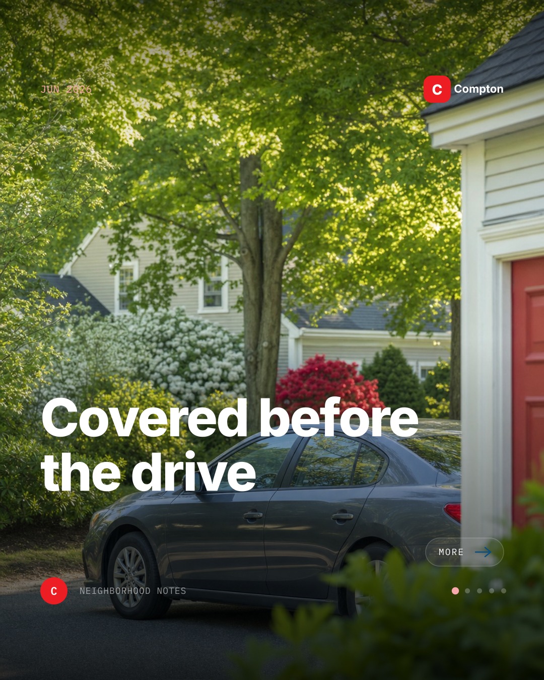 Aron Compton State Farm auto-insurance post with a generated photo of a car in a New Hampshire driveway and the headline Covered before the drive