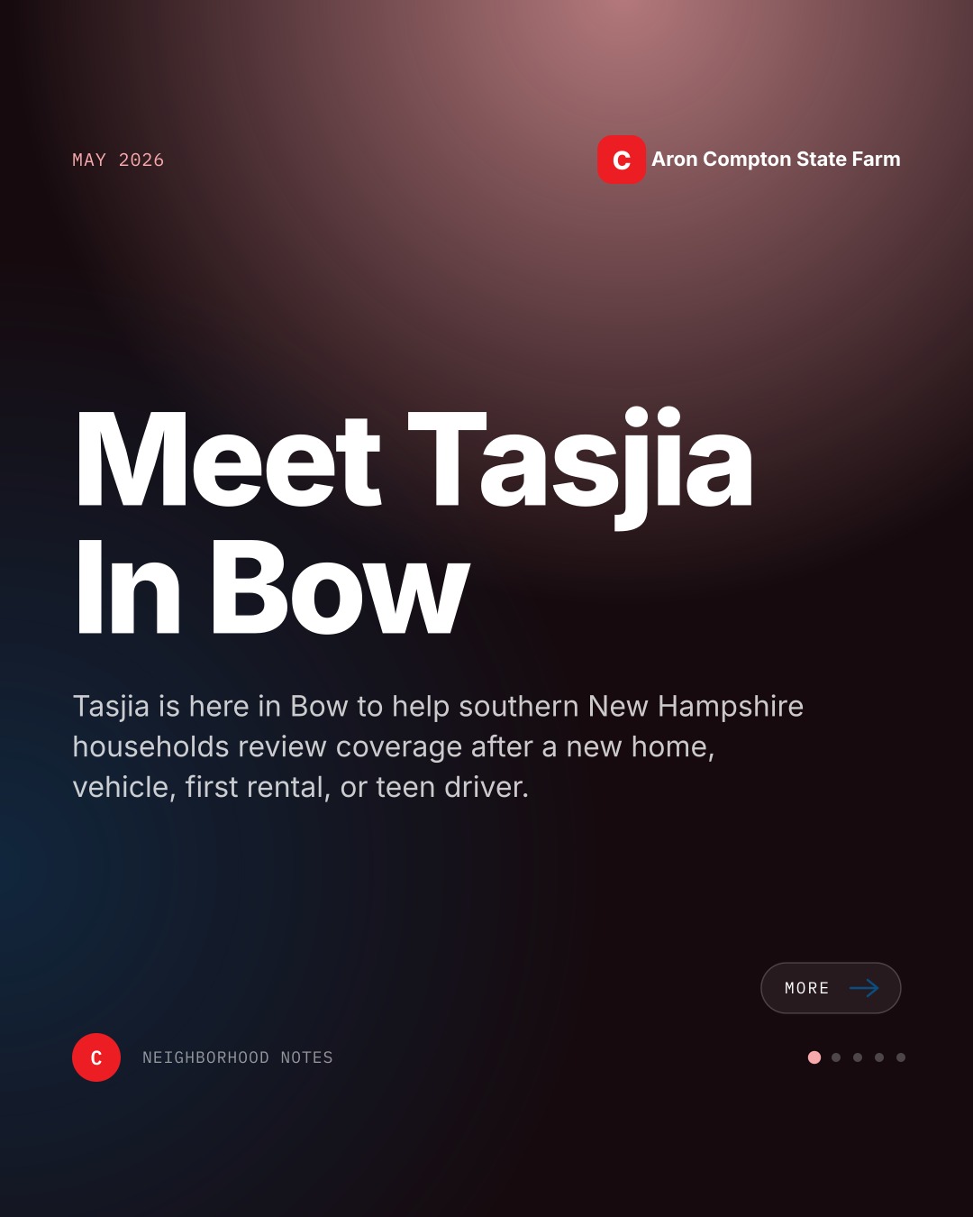 Aron Compton Insurance team post with the headline Meet Tasjia in Bow, introducing a team member who reviews coverage after a new home, vehicle, first rental, or teen driver