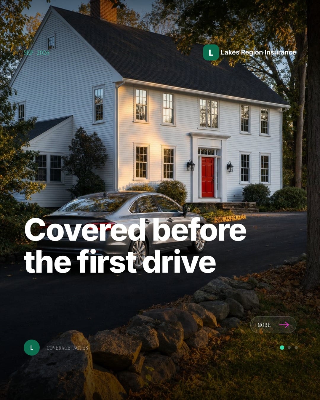 Mica for Insurance post about auto and home coverage, a sedan in the driveway of a New England colonial