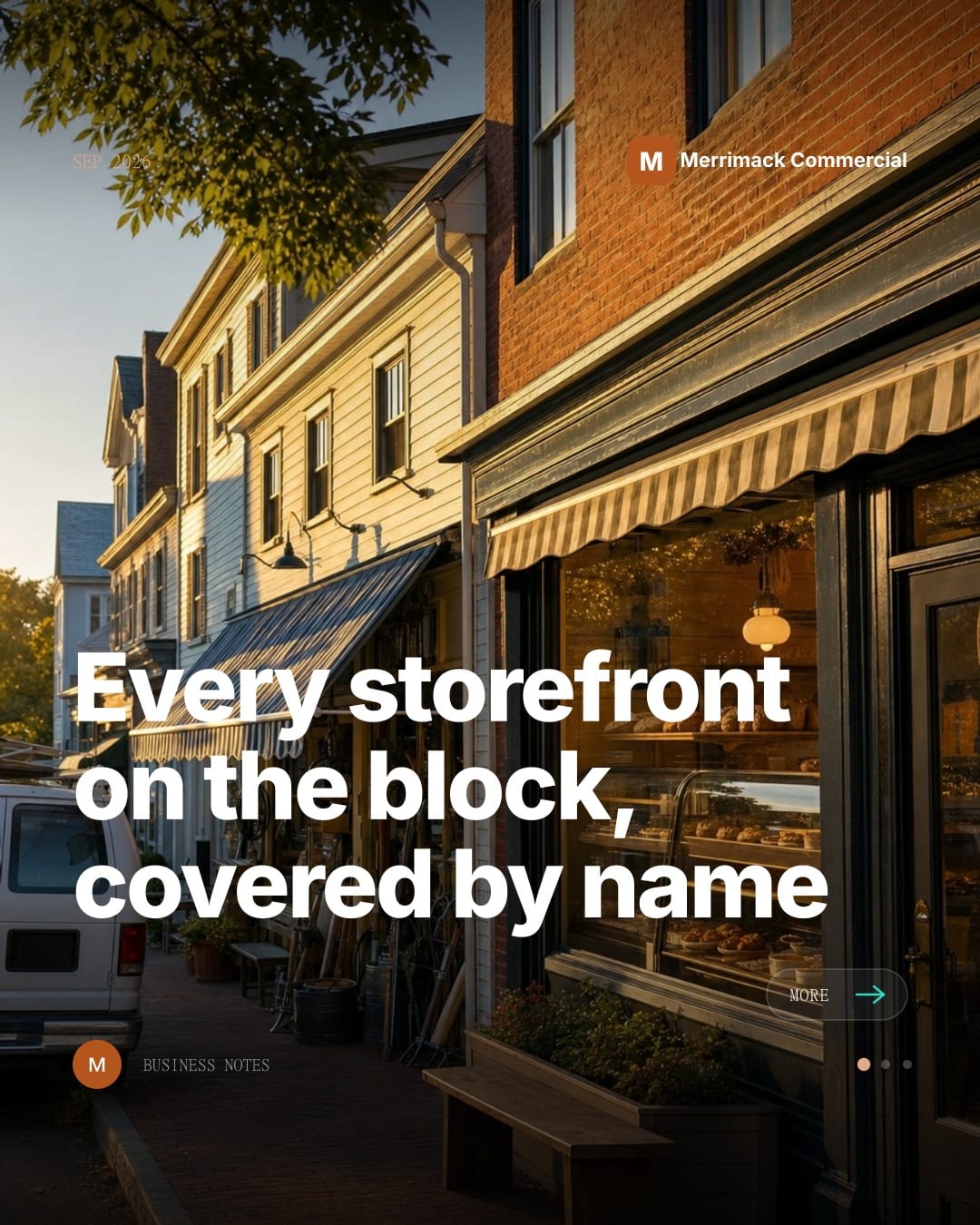 Mica for Insurance post about commercial coverage, a row of small-town storefronts with a work van at the curb