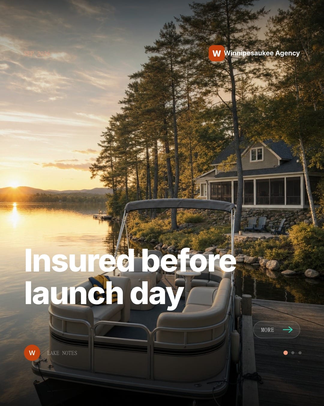 Mica for Insurance post about boat coverage, a pontoon tied to a private dock on a New Hampshire lake