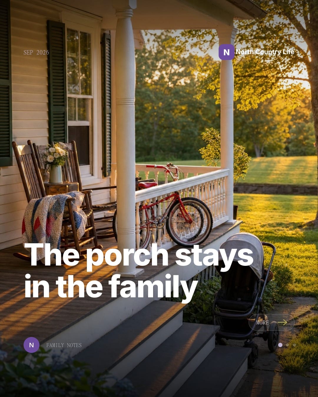 Mica for Insurance post about life insurance, a farmhouse porch with rocking chairs and a child’s bicycle