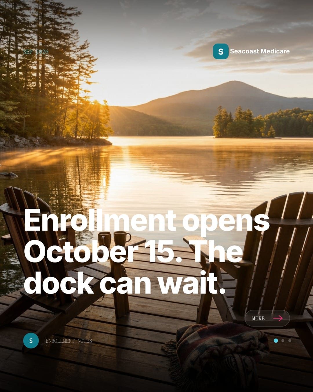 Mica for Insurance post about Medicare enrollment, two Adirondack chairs on a lake dock at sunrise