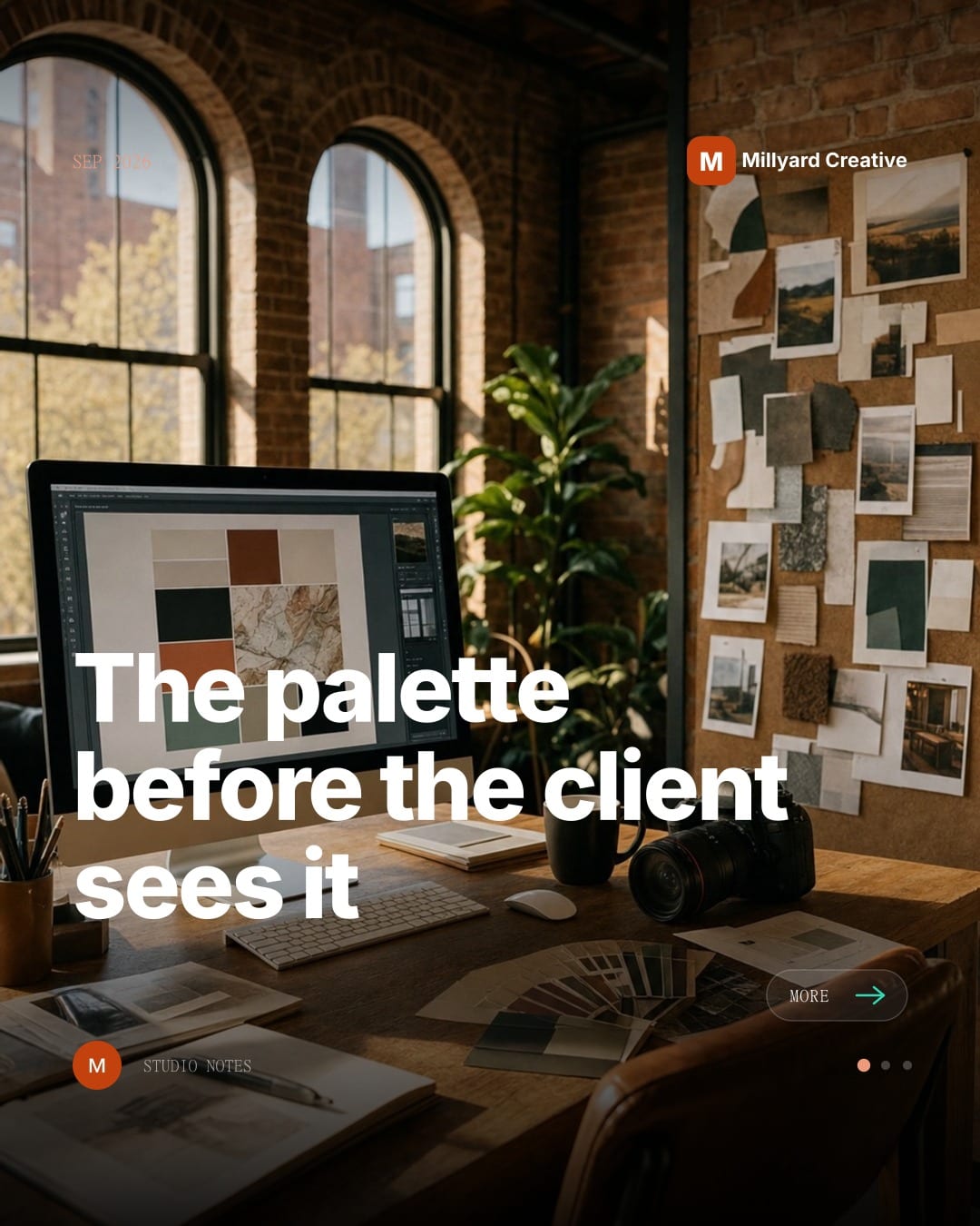 Mica Social post for a marketing agency, a creative studio desk with a pinned mood board and a monitor showing a color palette