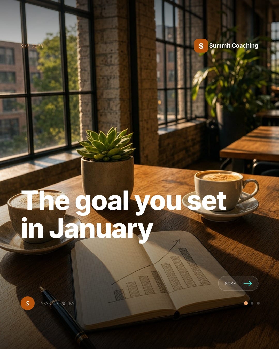 Mica Social post for a coaching practice, a sunlit coworking table with an open notebook and two cappuccinos