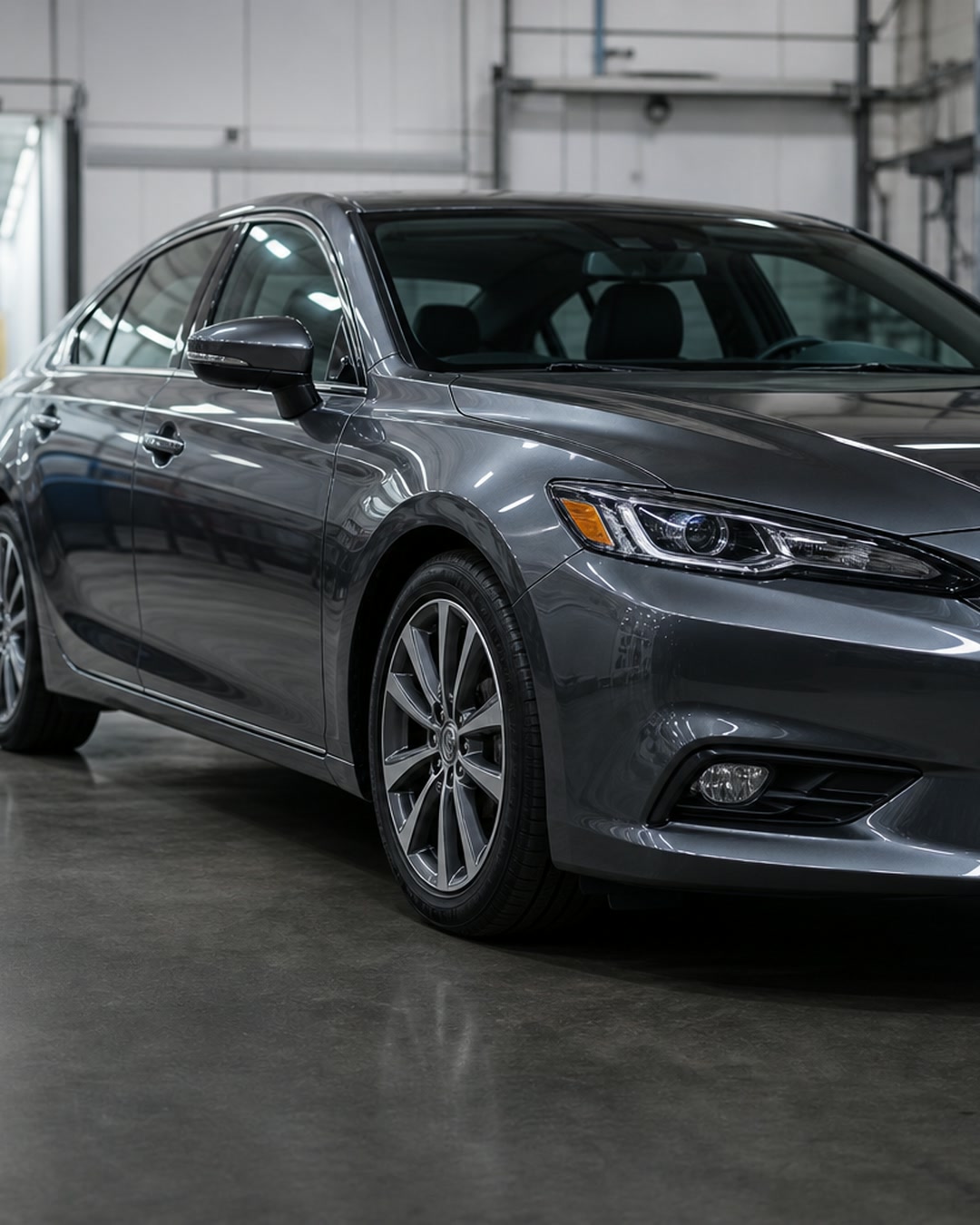 Auto body shop post with a generated photo of a freshly repaired sedan inside a collision shop and the headline Looks like it never happened