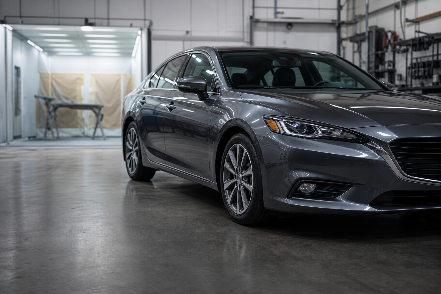 Auto body shop post with a generated photo of a freshly repaired sedan inside a collision shop and the headline Looks like it never happened
