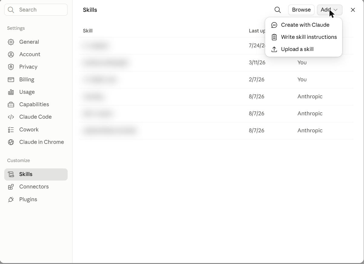 The Claude Skills page with the Add menu open: Create with Claude, Write skill instructions, and Upload a skill.